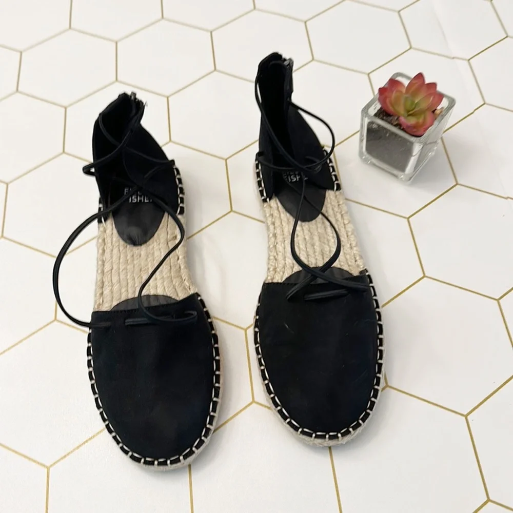 NEW Eileen Fisher Check Black Suede Espadrille resort sandals shoes women size 5